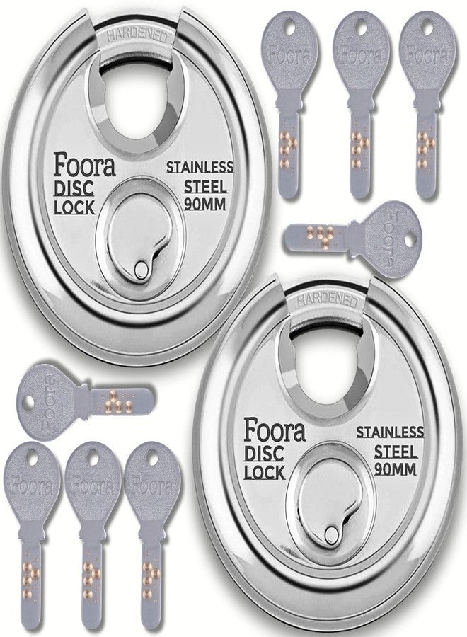Foora Stainless Steel, Hardened Shackle, Glossy Rust Resistance Disc 90mm Door Polished Steel Lock with with 4 Hi-Tech Brass Separate Keys (Silver) Home Improvement Iterm, Shutter Lock, Pack of 2 - Image 1